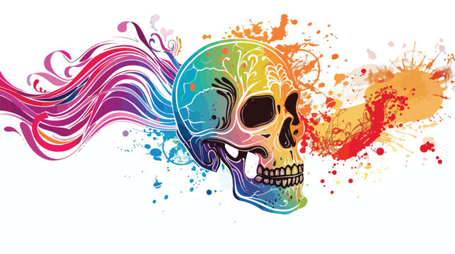 Skull with rainbow-colored splashes and swirls repres