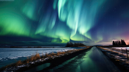 Majestic Aurora Borealis on a Winter Night's Drive - obrazy, fototapety, plakaty