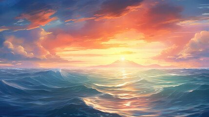 Majestic Ocean Sunset Digital Artwork - obrazy, fototapety, plakaty
