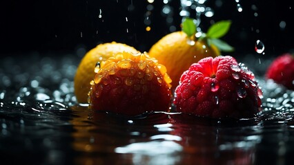 Delicious fruit sinks into the water, forming bubbles. Take a slow-motion photo, refreshing , Increase color saturation - obrazy, fototapety, plakaty