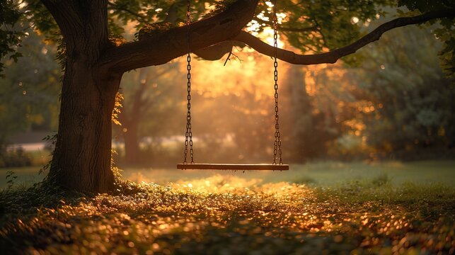A tree swing is hanging from a tree in a park. The swing is empty and the sun is shining on it. The scene is peaceful and serene, with the swing providing a sense of relaxation and tranquility