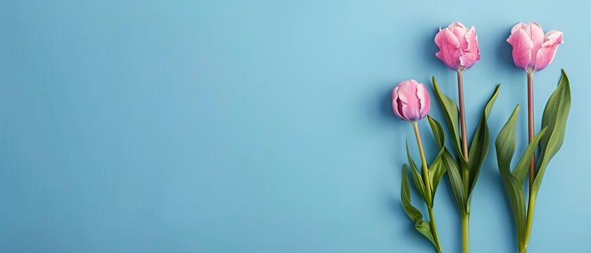 A blue background with three pink flowers in the foreground. The flowers are arranged in a way that they are almost touching each other