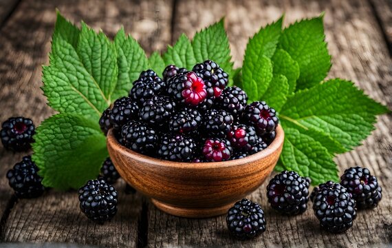 Blackberries in a bowl surrounded by green levees on the table. Healthy food. Health and wellness concept.	
