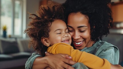 Affectionate loving middle aged mother cuddling child. Excited to see daughter, happy senior older mom cuddling her, sitting together on comfortable sofa in living room - obrazy, fototapety, plakaty