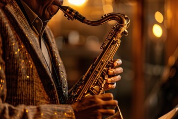 A man playing a saxophone with a gold colored instrument. The man is wearing a jacket with gold and silver beads - obrazy, fototapety, plakaty