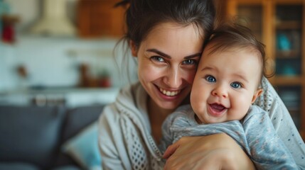 mother cuddling her baby with smile on their faces and adorable look on baby face - obrazy, fototapety, plakaty