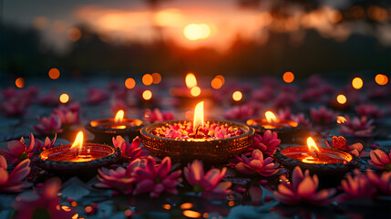 happy diwali background of diya candlelights and flowers - obrazy, fototapety, plakaty