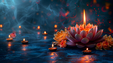 happy diwali lotus diya candlelight background - obrazy, fototapety, plakaty