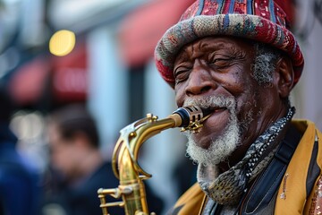 A man with a red hat and beard is playing a saxophone. He is smiling and he is enjoying himself - obrazy, fototapety, plakaty