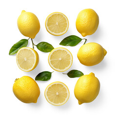 Lemons slice with lemon leaves isolated on white background, Healthy organic natural fresh citrus fruit concept, AI generated, PNG transparent with shadow