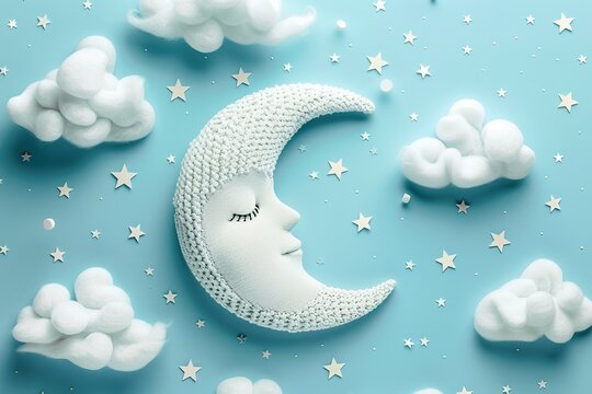 A white crescent moon is surrounded by fluffy clouds and stars. Concept of calm and peacefulness, as the moon rests in the sky, seemingly undisturbed by the clouds and stars