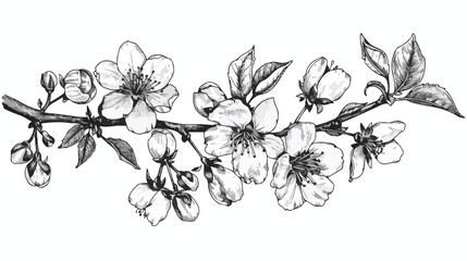 Spring almond sakura apple tree branch hand drawn 