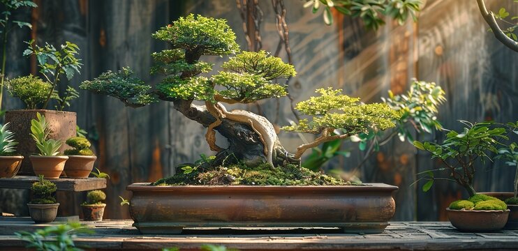 A large bonsai tree sits on a table next to several smaller potted plants. Concept of tranquility and natural beauty, as the plants are arranged in a way that highlights their individual shapes