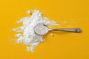 A spoonful of white powder is on a yellow surface