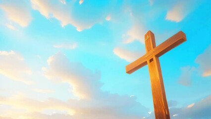 Christian simple wooden cross cross against background of bright blue sky with soft clouds. Concept of love for God and Jesus, hope and freedom, Easter