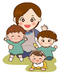 子供に囲まれる保育士さんのキャラクターイラスト