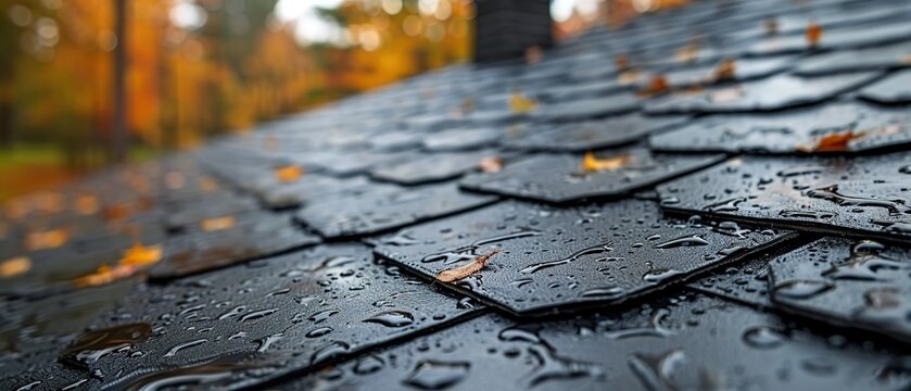 The roof is wet and covered in leaves