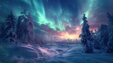 A beautiful, serene landscape of a snowy forest with a bright aurora in the sky. The sky is filled with stars and the aurora is glowing in the background. The scene is peaceful and calming - obrazy, fototapety, plakaty