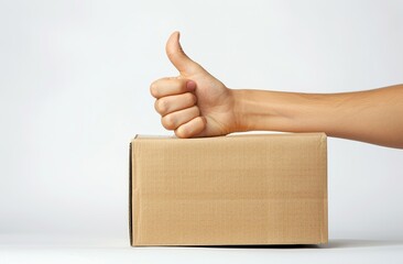A hand giving a thumbs up to a cardboard box. The box is brown and he is empty