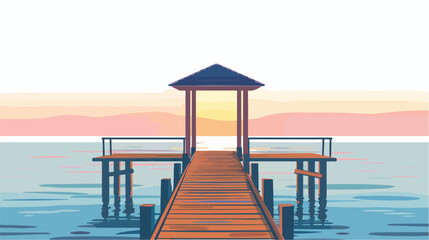 Sunset Pier Wooden Structure Extends Over Calm Waters - obrazy, fototapety, plakaty