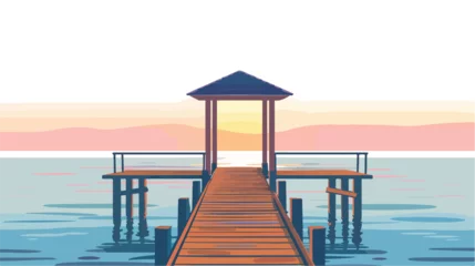 Tuinposter Sunset Pier Wooden Structure Extends Over Calm Waters © Ideas