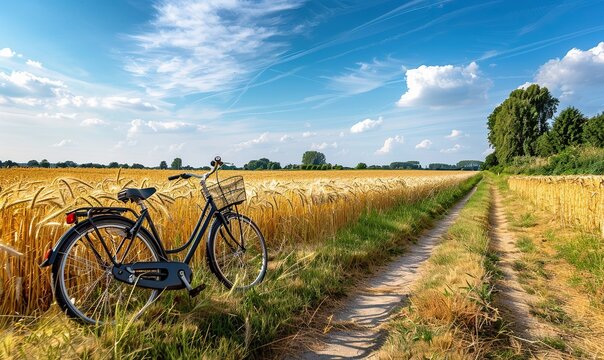 A bicycle is parked in a field of wheat. The sky is blue and there are clouds in the background. The scene is peaceful and serene