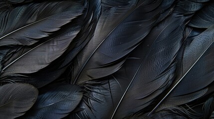 A close up of black feathers, with the focus on the intricate details of the feathers. The black color of the feathers creates a mood of darkness and mystery - obrazy, fototapety, plakaty