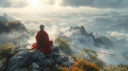A monk meditates on a mountain surrounded by clouds and flowing waters - obrazy, fototapety, plakaty
