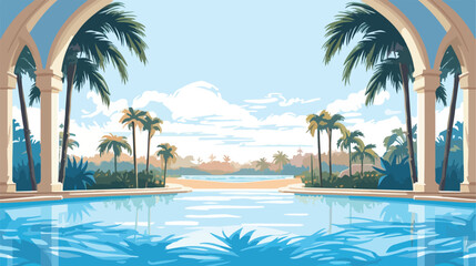 Tranquil Oasis Palm Trees Frame Clear Blue Poolside 