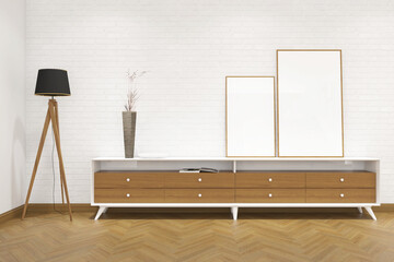 3d rendering of interior space with credenza and frame mockup. White brick wall and heringbone parquet floor background. Set 7