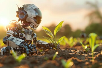  representing a plantation field with artificial intelligence robots taking care of the plantation