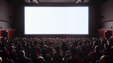 Blank cinema screen full of people watching movie