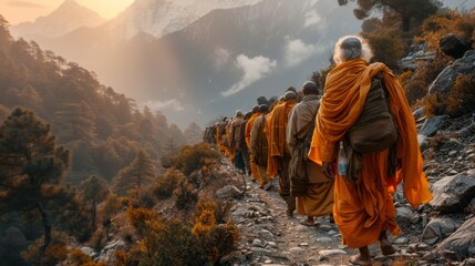 Monks strolling through cloudcovered mountains enjoying natural landscape - obrazy, fototapety, plakaty