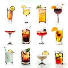 A collection of colorful drinks and cocktails presented on a black background, displayed in real glassware.
