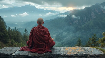 Monk meditates in lotus position, gazing at mountains and clouds in the sky