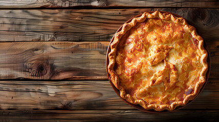 Apple pie served on a rustic wooden table. Traditional pie with filling, festive food for Thanksgiving, Halloween. Close-up, top view, copy space, bokeh effect in the background. - obrazy, fototapety, plakaty