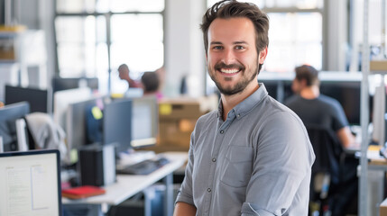 Smiling employee in office, portrait of a smiling person, job satisfaction concept 