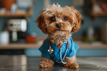 A small dog is wearing a blue doctor coat and a stethoscope