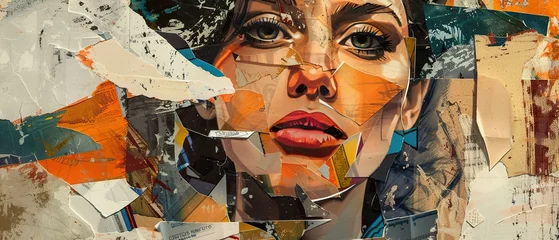 Foto op Canvas A woman's face is cut up into pieces and pasted together. The image is a collage of different colors and textures. Scene is chaotic and disordered, as the woman's face is not a cohesive whole © Dawid
