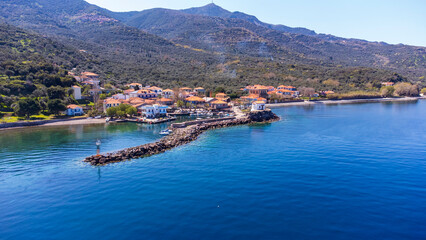 Fototapeta premium The little church of Panagia gorgona situated on a rock in Skala Sykamias, a picturesque seaside village of Lesvos