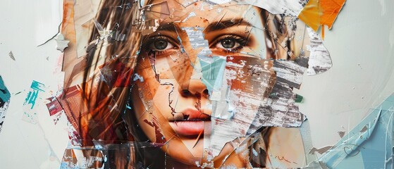 A woman's face is cut up into pieces and pasted onto a white background. The image is a collage of different pieces of paper, and the woman's face is the main focus. Scene is chaotic and disordered
