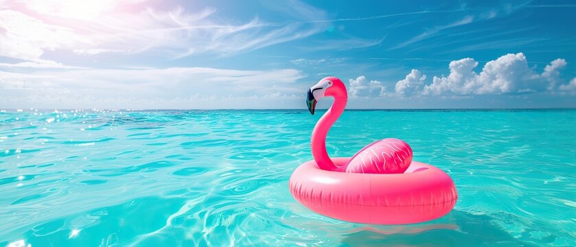 A pink flamingo float is floating in the ocean. The scene is bright and cheerful, with the pink flamingo adding a pop of color to the blue water. Concept of relaxation and leisure