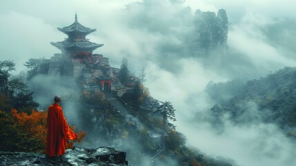 A fictional monk in a red robe on a misty mountain top
