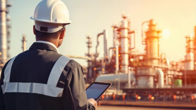 Back of engineer using tablet against large oil refinery background.