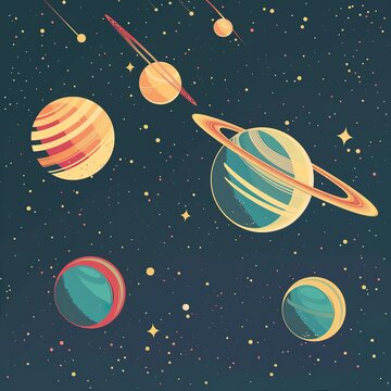 A colorful painting of the planets in the solar system. The painting is full of bright colors and has a whimsical, playful feel to it