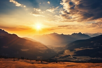 Majestic Sunset Over Scenic Mountain Valley Landscape - obrazy, fototapety, plakaty
