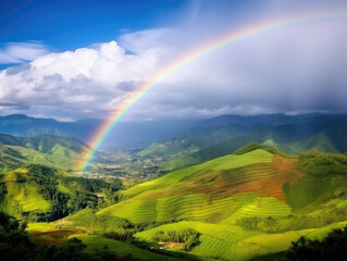 Majestic Rainbow Arches Over Lush Green Terraced Valley