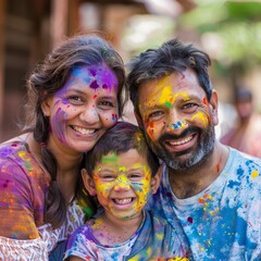 A family of three, a man and two children, are all covered in colorful paint. They are smiling and posing for a picture, creating a joyful and festive atmosphere