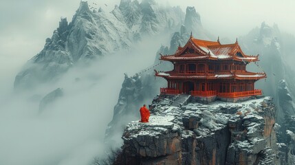 A red pagoda overlooks snowy mountains under cloudy skies - obrazy, fototapety, plakaty