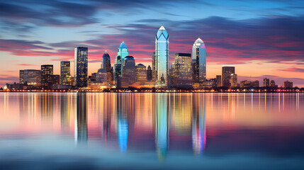 Spectacular Illuminated CT City Skyline Reflecting on Calm Waters During Evening Time - obrazy, fototapety, plakaty